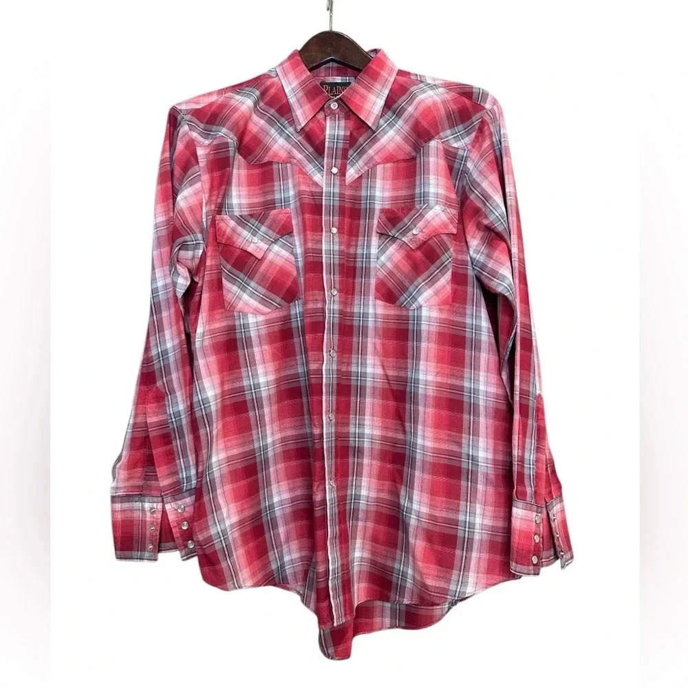 Plains Western Wear Long-Sleeve Red Plaid Size Large with Pearl Snaps